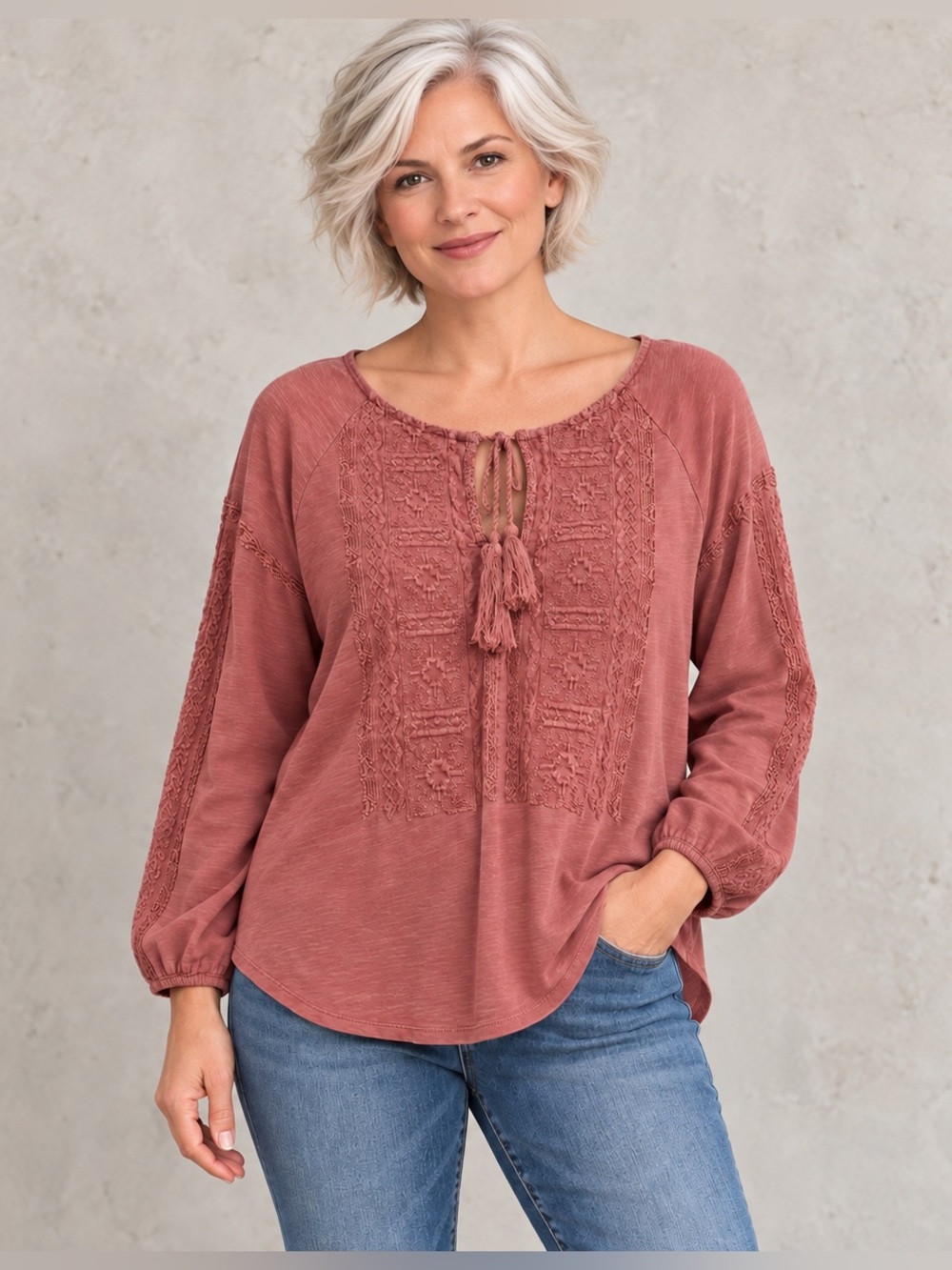 Lucky Brand Embroidered Boho Peasant Blouse Dusty Rose Cotton L